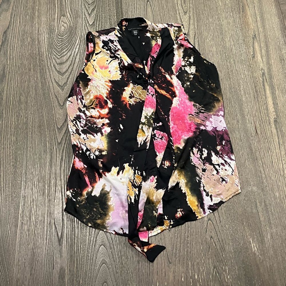Apostrophe Black Pink Paint Splatter Tank Top Tie Neck Size S